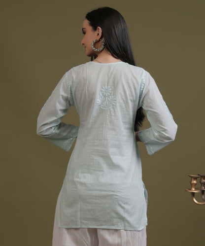 NEA Chikankari Ice Blue Dobby Cotton Short Kurti With White Embroidery