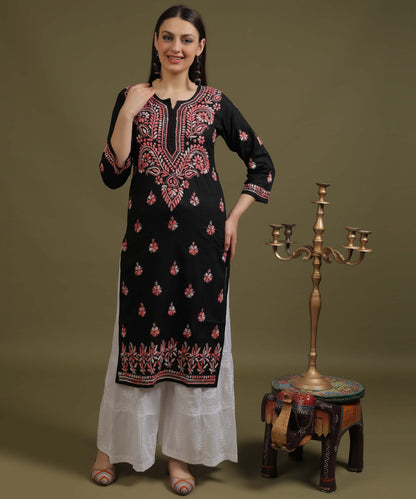 NEA Chikankari Black Cotton Kurti With Shaded Peach Embroidery