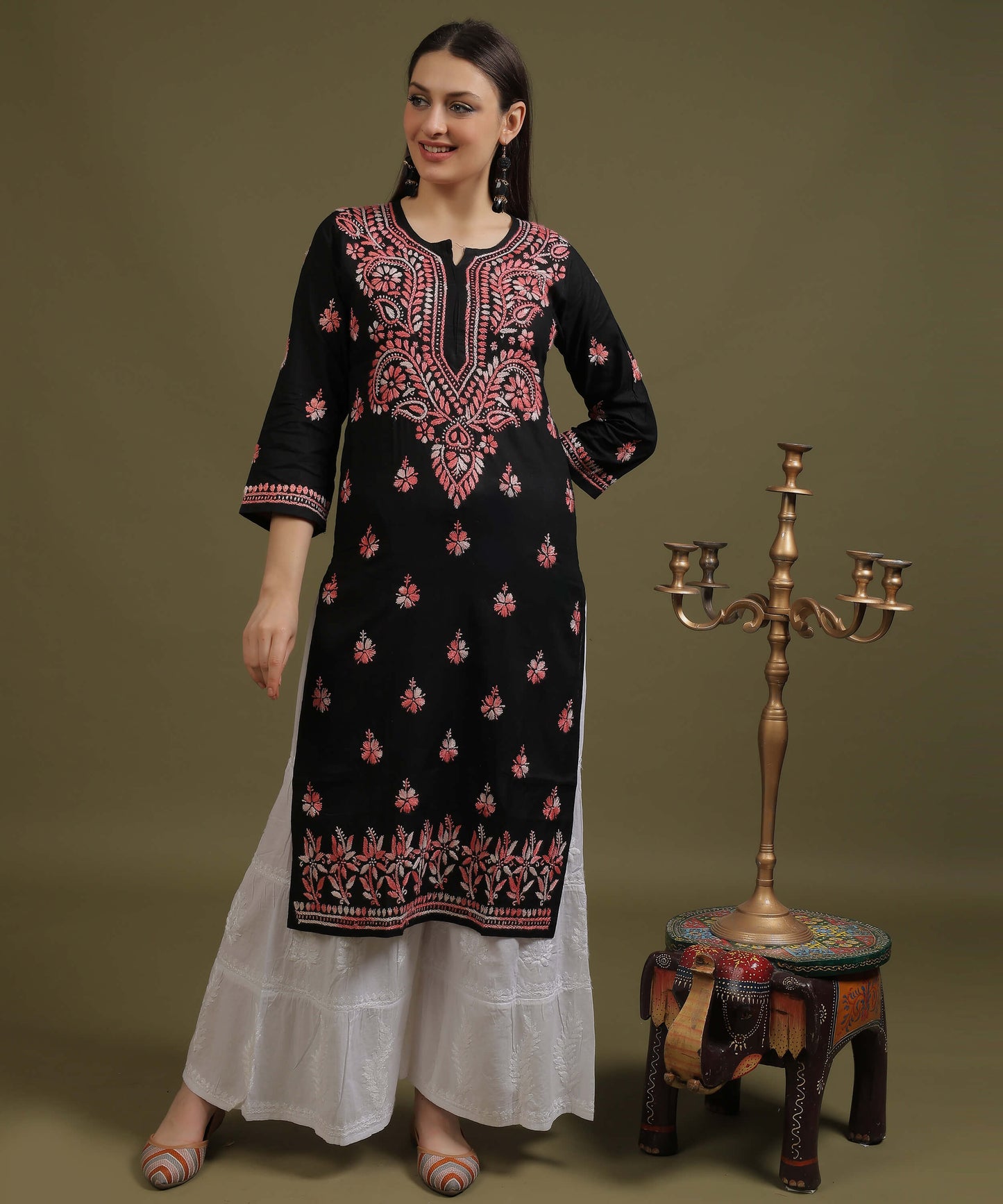 NEA Chikankari Black Cotton Kurti With Shaded Peach Embroidery