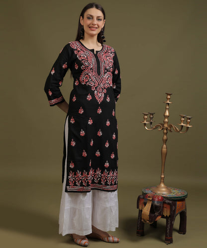 NEA Chikankari Black Cotton Kurti With Shaded Peach Embroidery