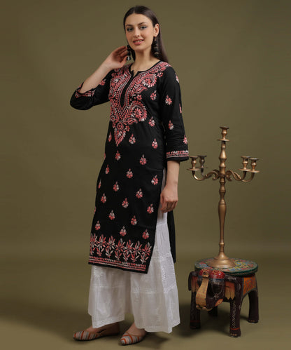 NEA Chikankari Black Cotton Kurti With Shaded Peach Embroidery
