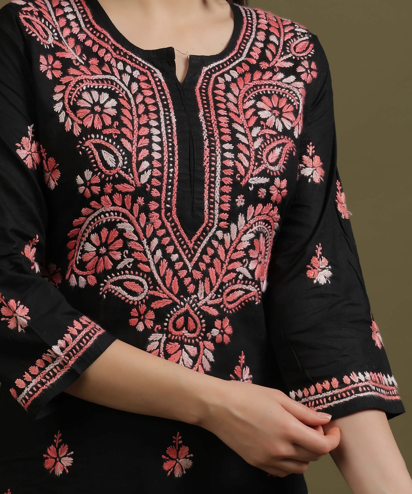 NEA Chikankari Black Cotton Kurti With Shaded Peach Embroidery