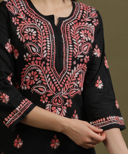 NEA Chikankari Black Cotton Kurti With Shaded Peach Embroidery