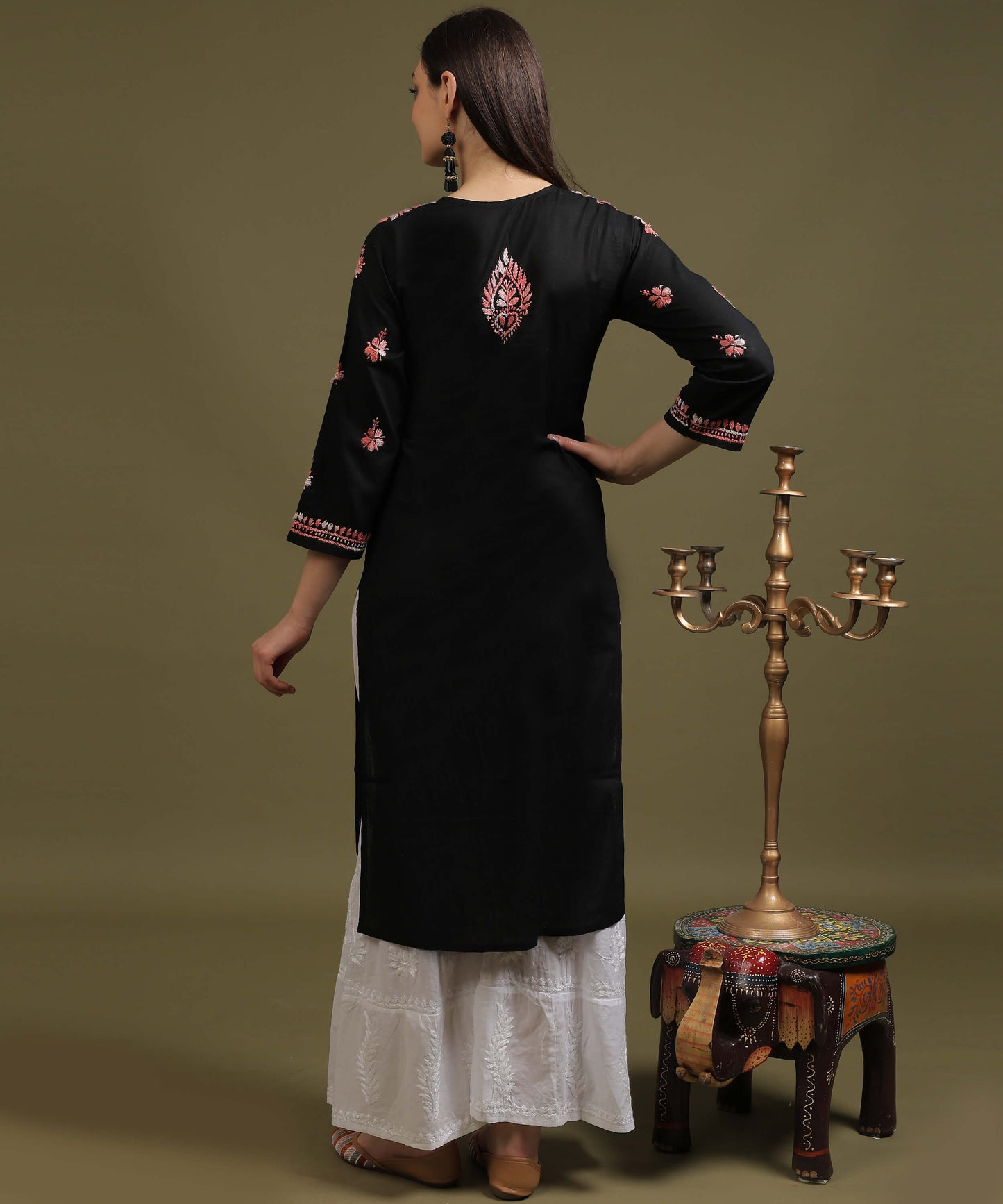 NEA Chikankari Black Cotton Kurti With Shaded Peach Embroidery