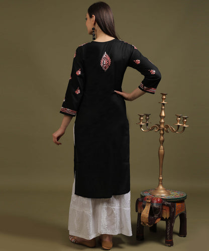 NEA Chikankari Black Cotton Kurti With Shaded Peach Embroidery