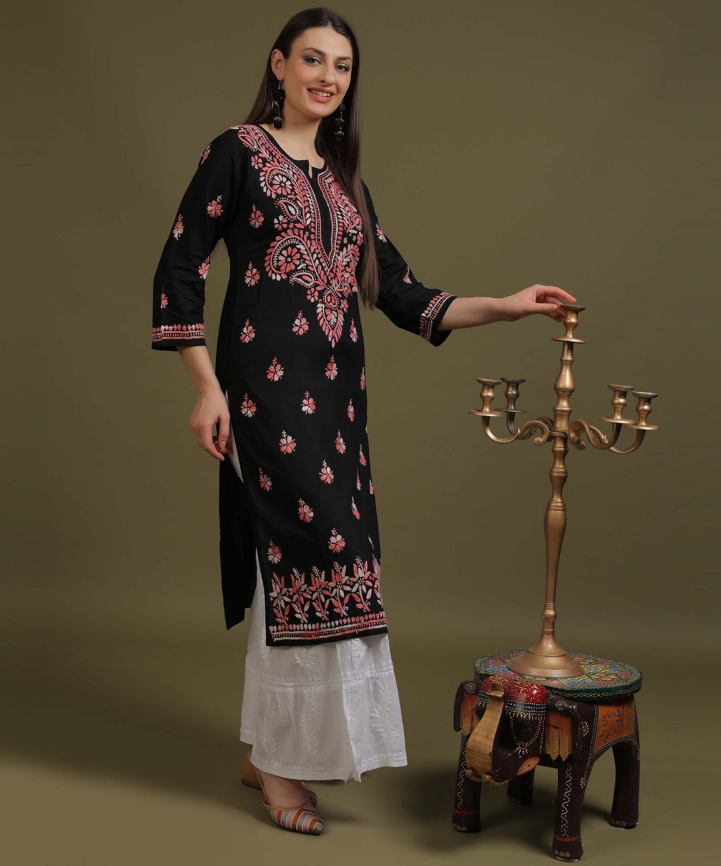 NEA Chikankari Black Cotton Kurti With Shaded Peach Embroidery