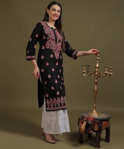 NEA Chikankari Black Cotton Kurti With Shaded Peach Embroidery