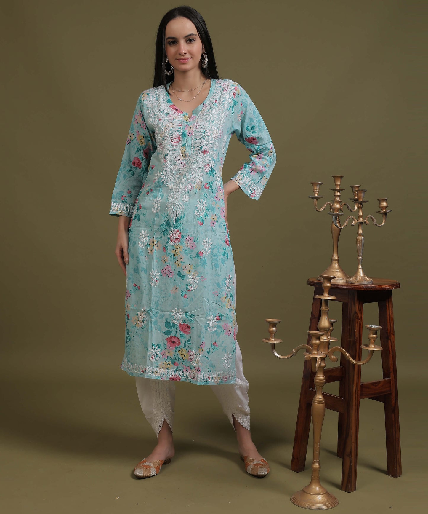 NEA Chikankari Mulmul Printed Sky Blue Kurta With White Embroidery