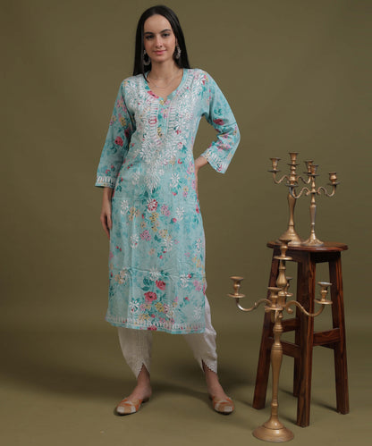 NEA Chikankari Mulmul Printed Sky Blue Kurta With White Embroidery