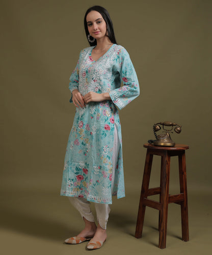 NEA Chikankari Mulmul Printed Sky Blue Kurta With White Embroidery