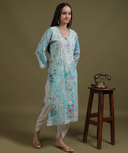 NEA Chikankari Mulmul Printed Sky Blue Kurta With White Embroidery