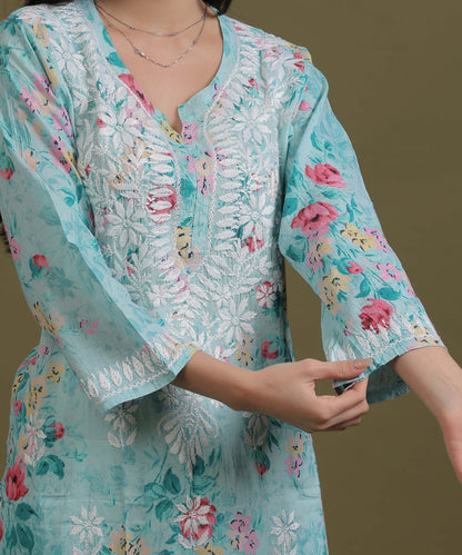 NEA Chikankari Mulmul Printed Sky Blue Kurta With White Embroidery