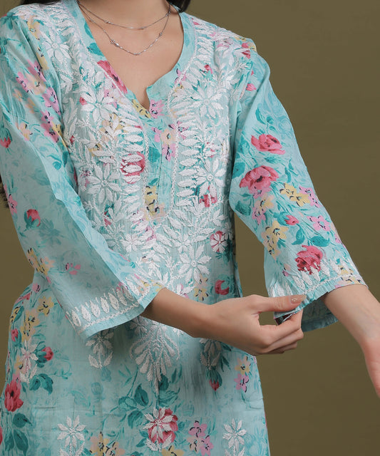 NEA Chikankari Mulmul Printed Sky Blue Kurta With White Embroidery
