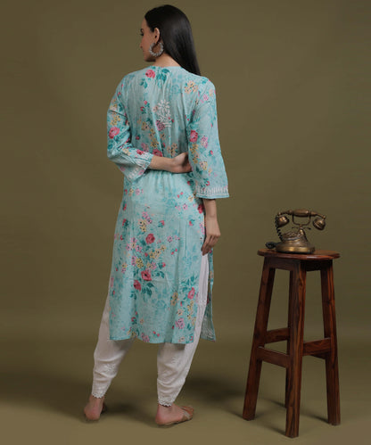 NEA Chikankari Mulmul Printed Sky Blue Kurta With White Embroidery