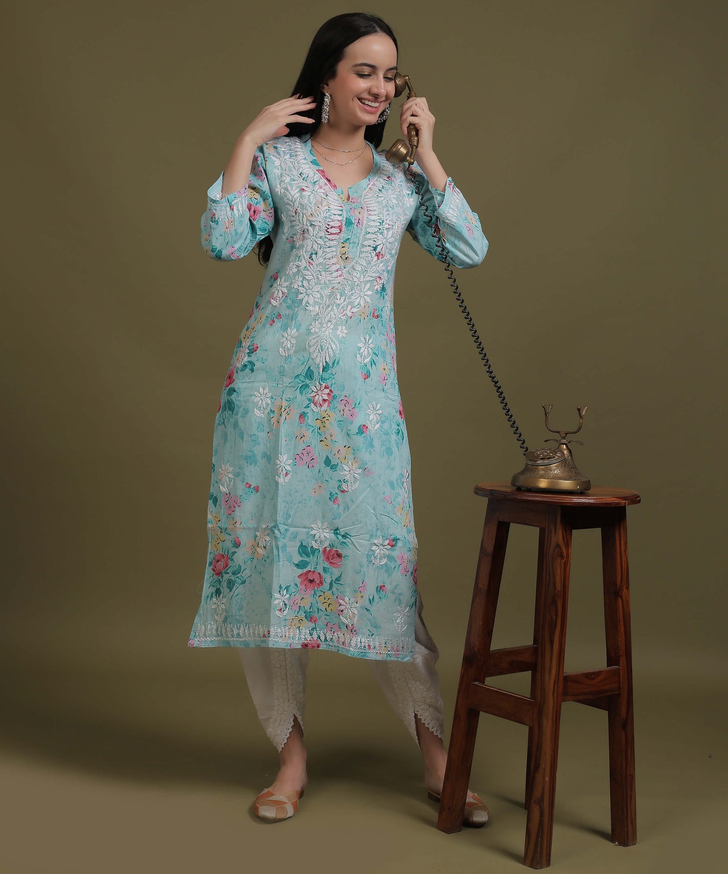 NEA Chikankari Mulmul Printed Sky Blue Kurta With White Embroidery