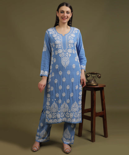 NEA Chikankari Handcrafted Rayon Palazzo Set - Blue