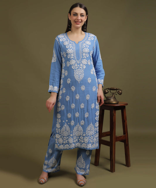 NEA Chikankari Handcrafted Rayon Palazzo Set - Blue