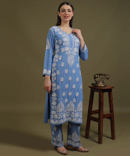 NEA Chikankari Handcrafted Rayon Palazzo Set - Blue