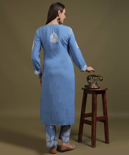 NEA Chikankari Handcrafted Rayon Palazzo Set - Blue