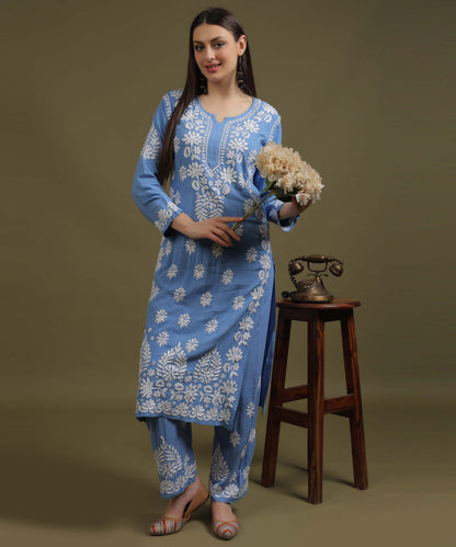 NEA Chikankari Handcrafted Rayon Palazzo Set - Blue