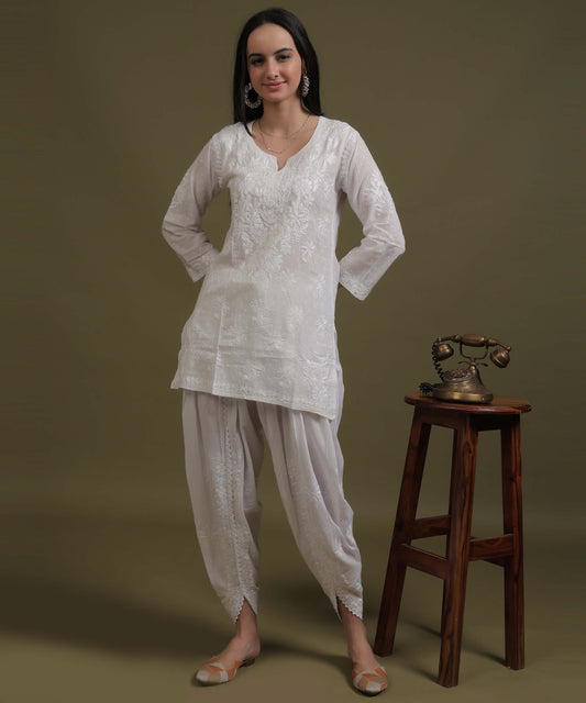 NEA Chikankari White Dobby Cotton Short Kurti