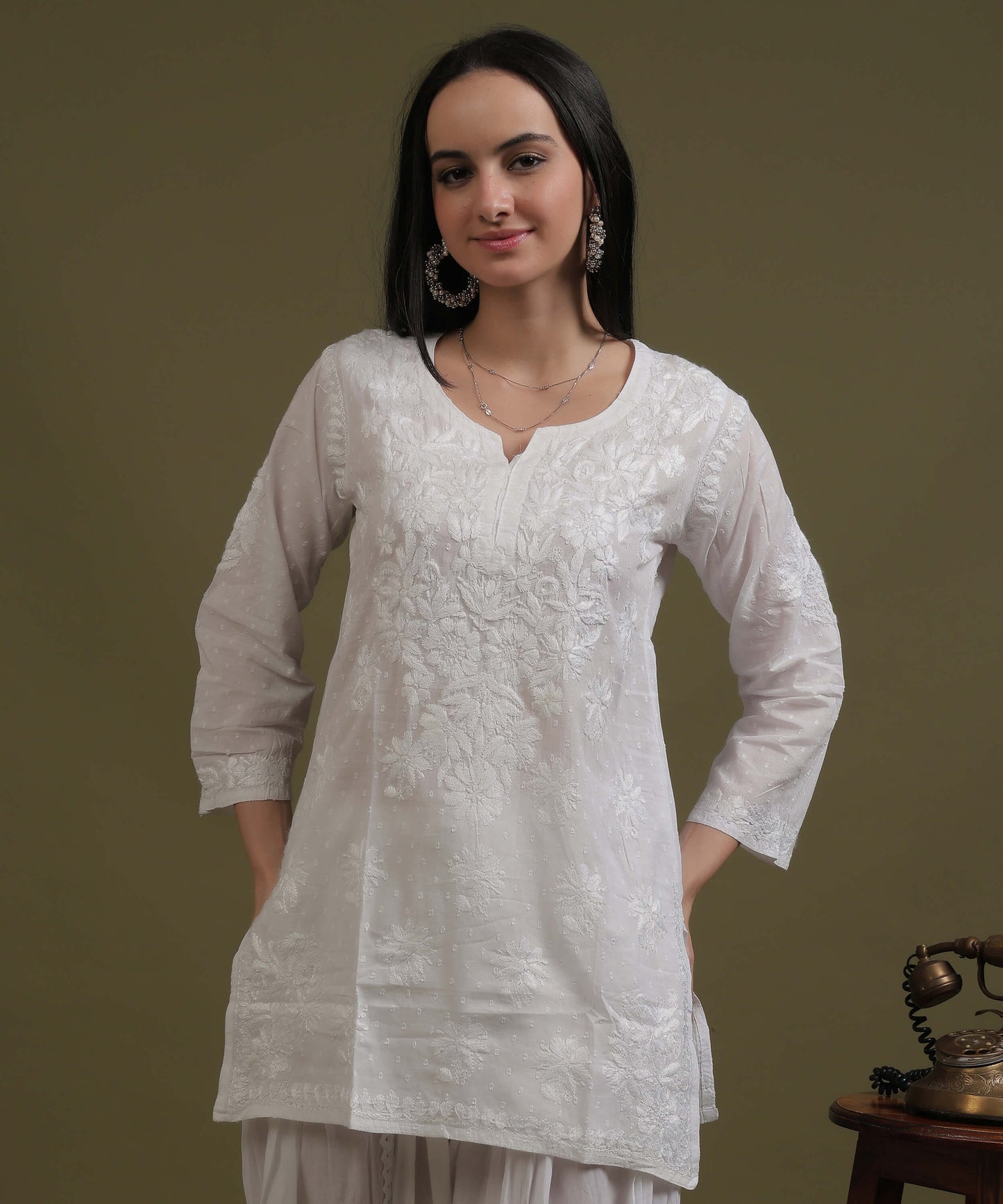 NEA Chikankari White Dobby Cotton Short Kurti