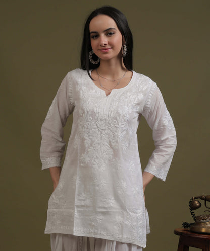 NEA Chikankari White Dobby Cotton Short Kurti
