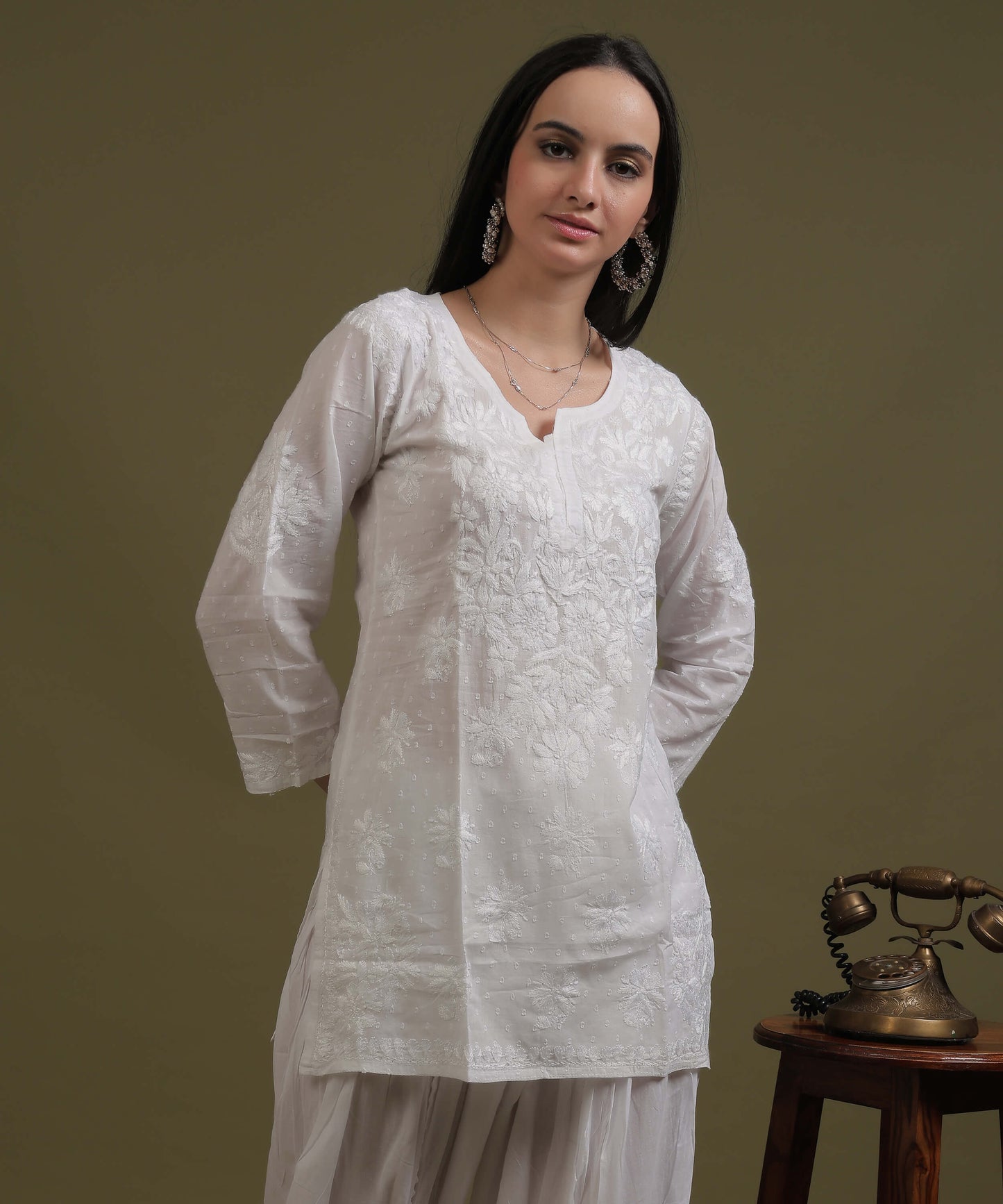 NEA Chikankari White Dobby Cotton Short Kurti