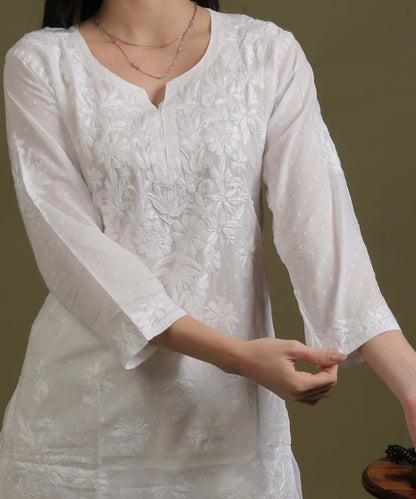 NEA Chikankari White Dobby Cotton Short Kurti
