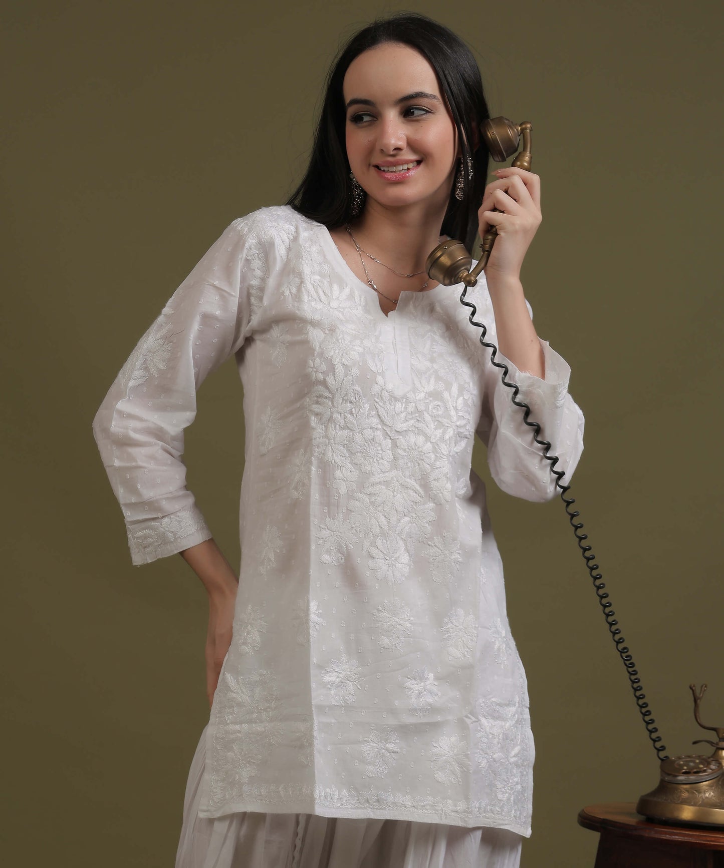 NEA Chikankari White Dobby Cotton Short Kurti