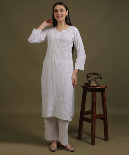 NEA Chikankari Handcrafted Rayon Palazzo Set - White