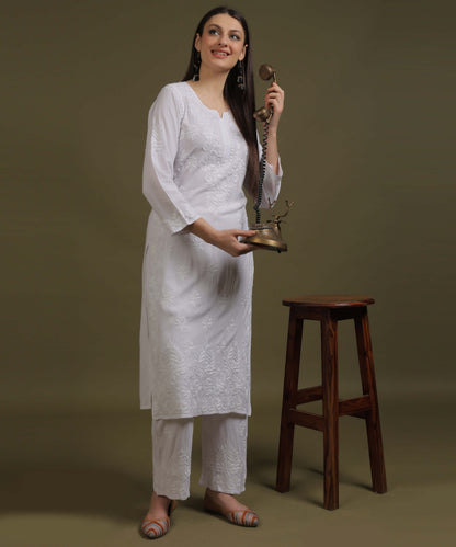 NEA Chikankari Handcrafted Rayon Palazzo Set - White