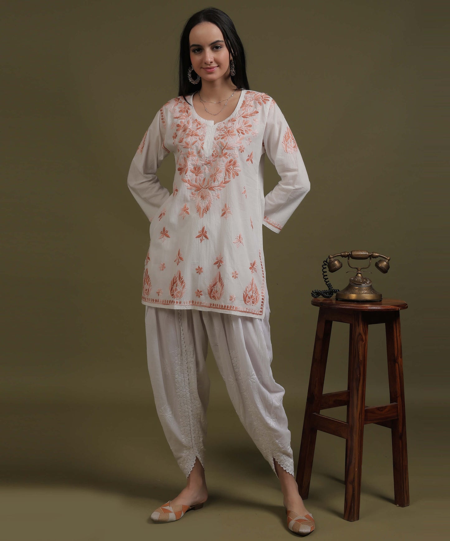 NEA Chikankari White Cotton Short Top With Peach Embroidery