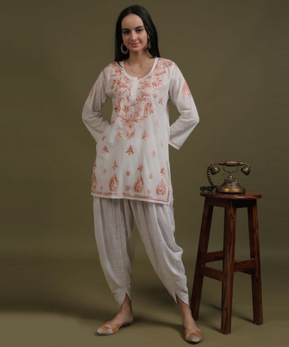 NEA Chikankari White Cotton Short Top With Peach Embroidery