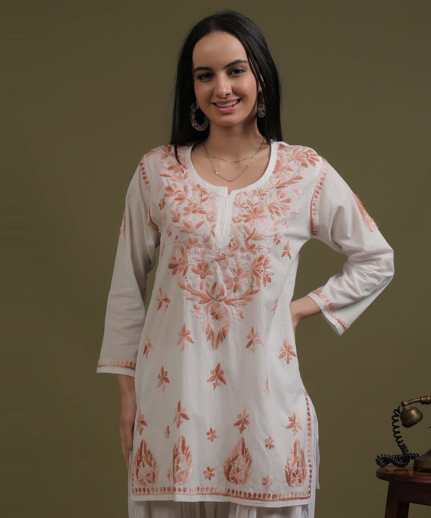 NEA Chikankari White Cotton Short Top With Peach Embroidery