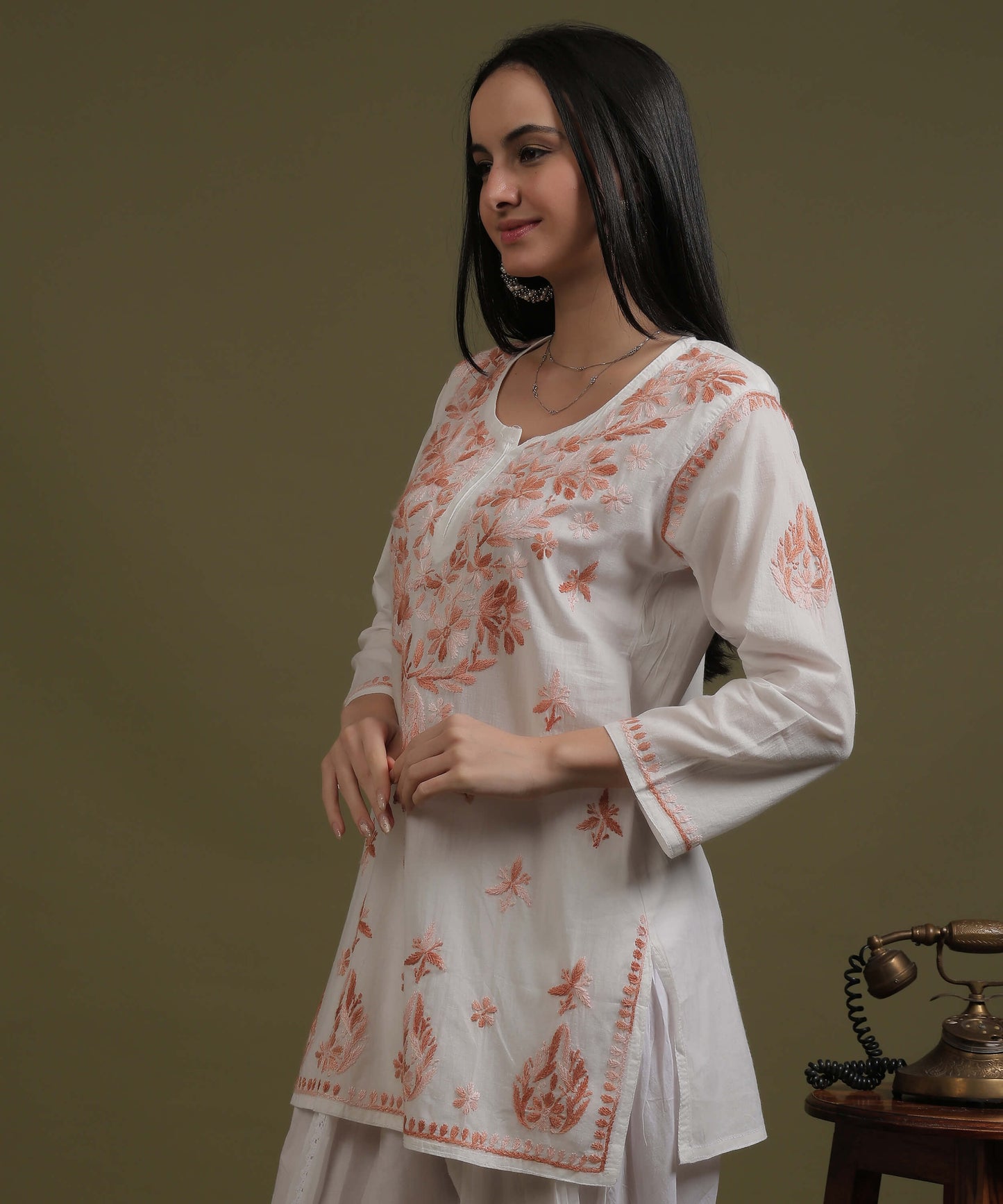 NEA Chikankari White Cotton Short Top With Peach Embroidery