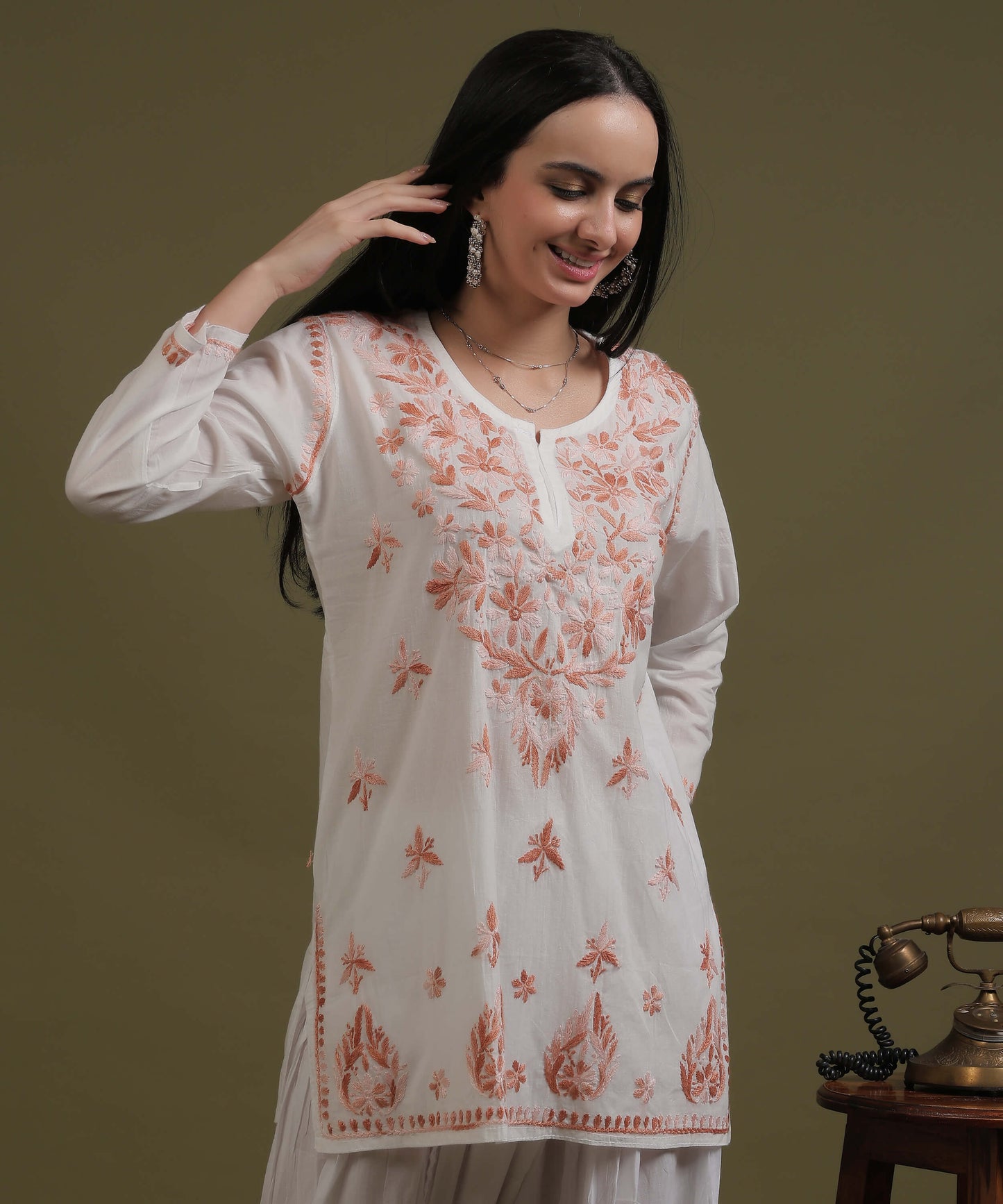 NEA Chikankari White Cotton Short Top With Peach Embroidery