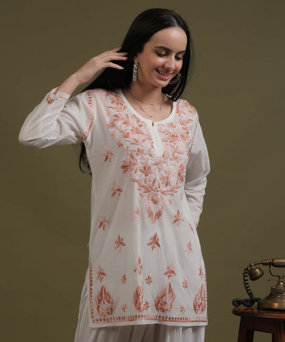 NEA Chikankari White Cotton Short Top With Peach Embroidery