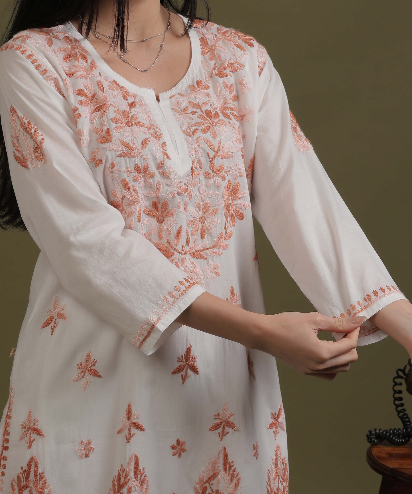 NEA Chikankari White Cotton Short Top With Peach Embroidery