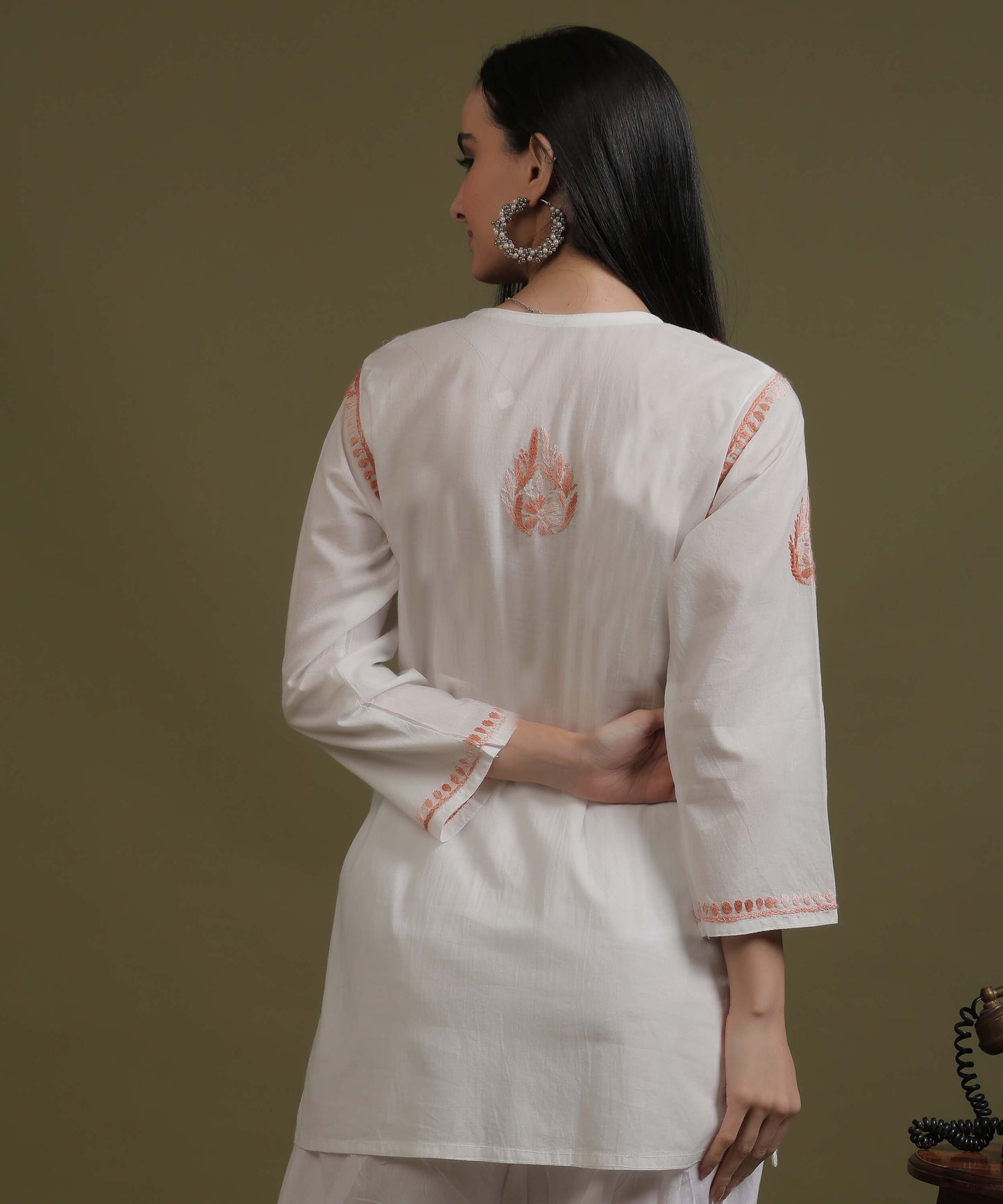 NEA Chikankari White Cotton Short Top With Peach Embroidery