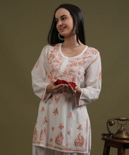 NEA Chikankari White Cotton Short Top With Peach Embroidery