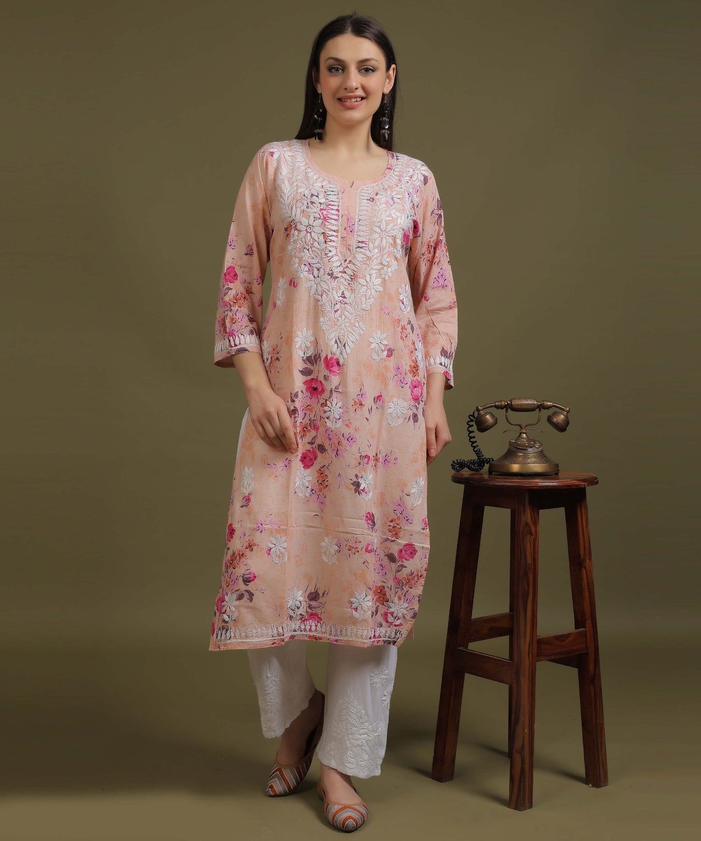 NEA Chikankari Mulmul Printed Peach Kurta With White Embroidery