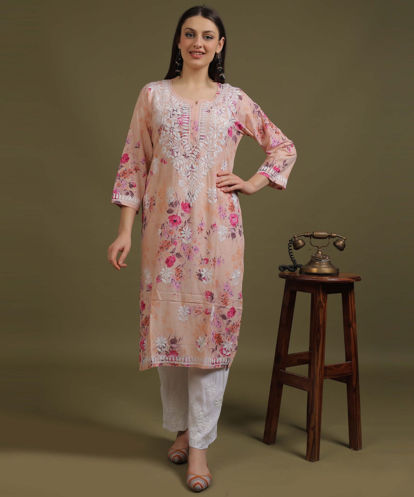 NEA Chikankari Mulmul Printed Peach Kurta With White Embroidery