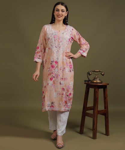 NEA Chikankari Mulmul Printed Peach Kurta With White Embroidery
