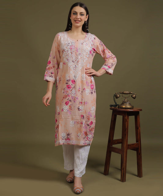 NEA Chikankari Mulmul Printed Peach Kurta With White Embroidery