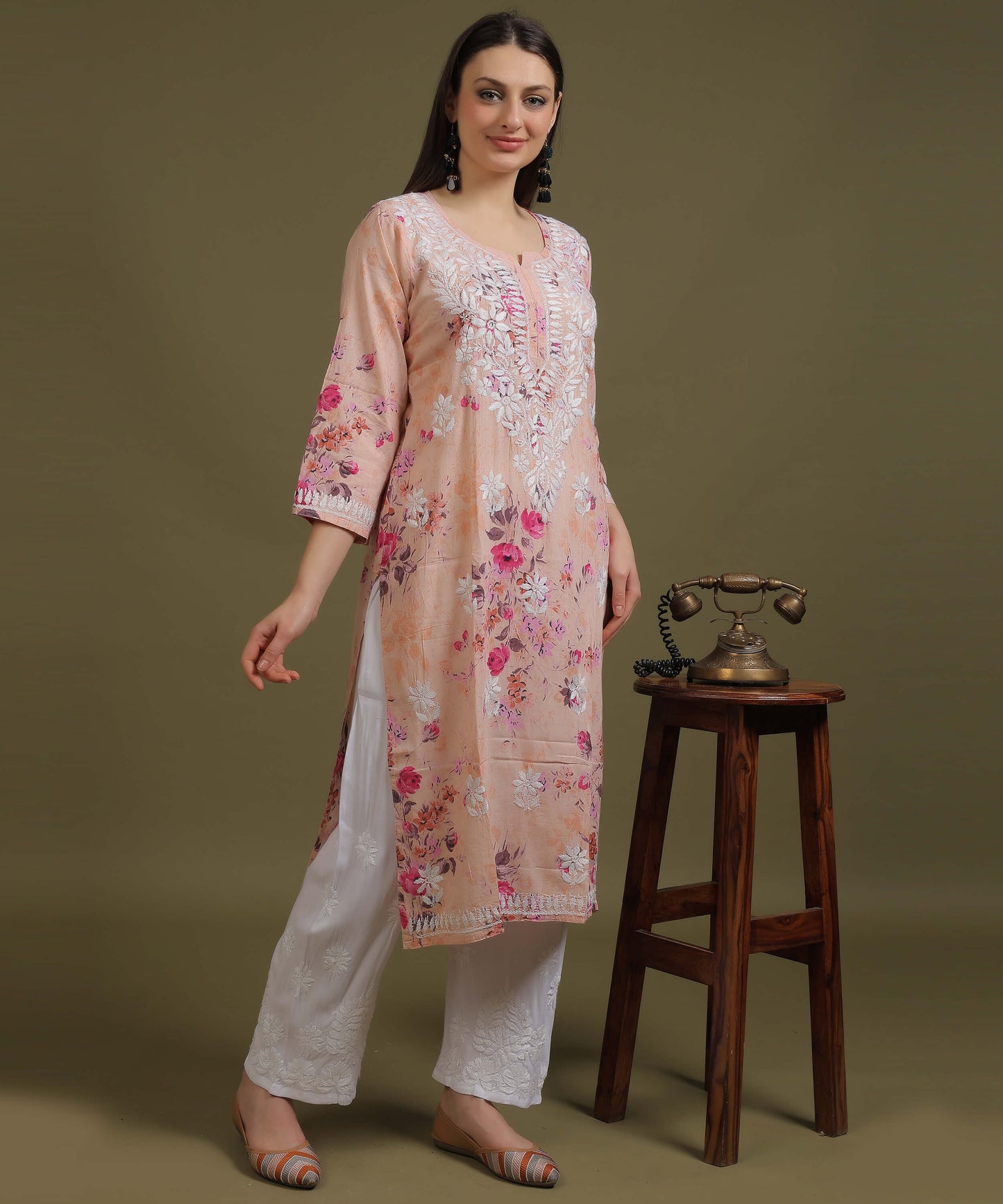 NEA Chikankari Mulmul Printed Peach Kurta With White Embroidery