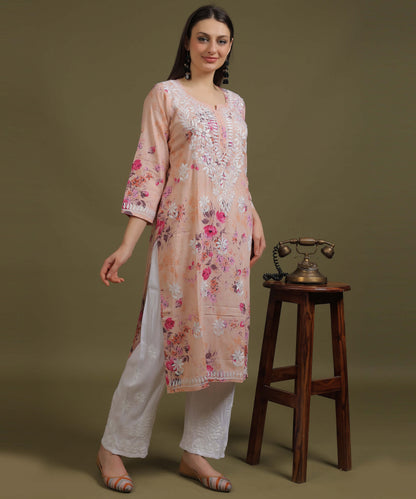 NEA Chikankari Mulmul Printed Peach Kurta With White Embroidery