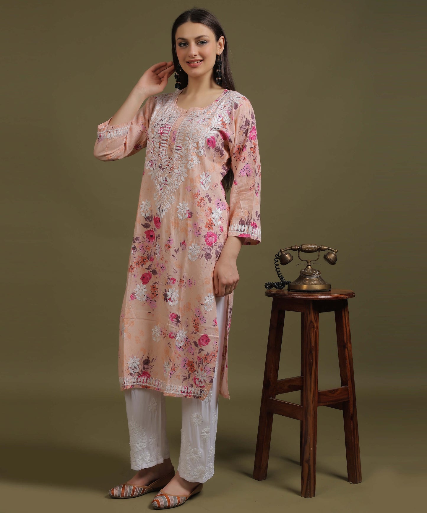 NEA Chikankari Mulmul Printed Peach Kurta With White Embroidery