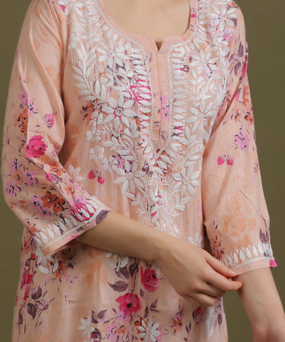 NEA Chikankari Mulmul Printed Peach Kurta With White Embroidery