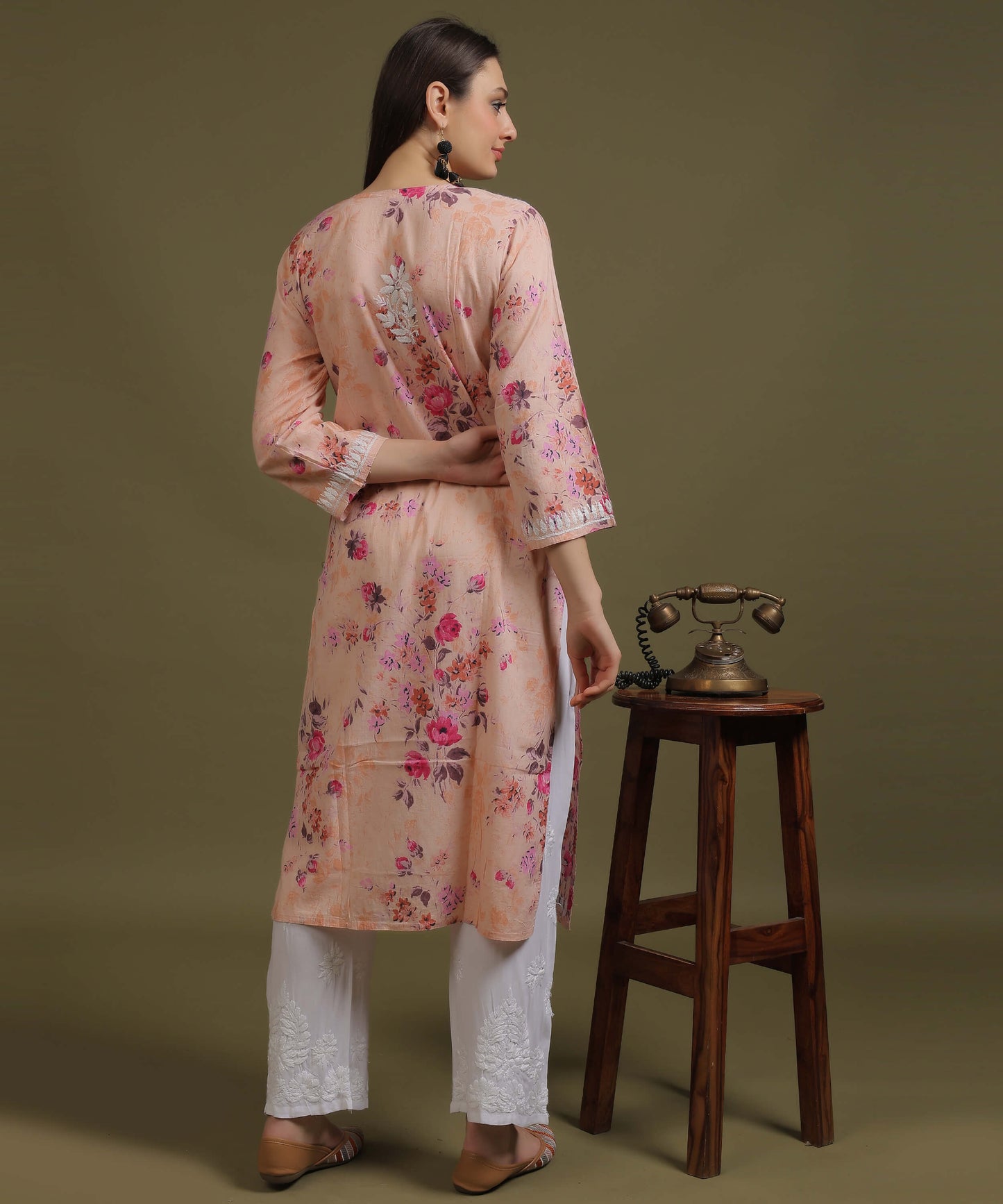 NEA Chikankari Mulmul Printed Peach Kurta With White Embroidery